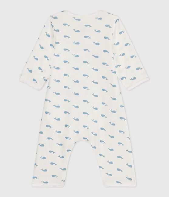 Babies' footless whale-print cotton bodyjama MARSHMALLOW /ADRIATIC