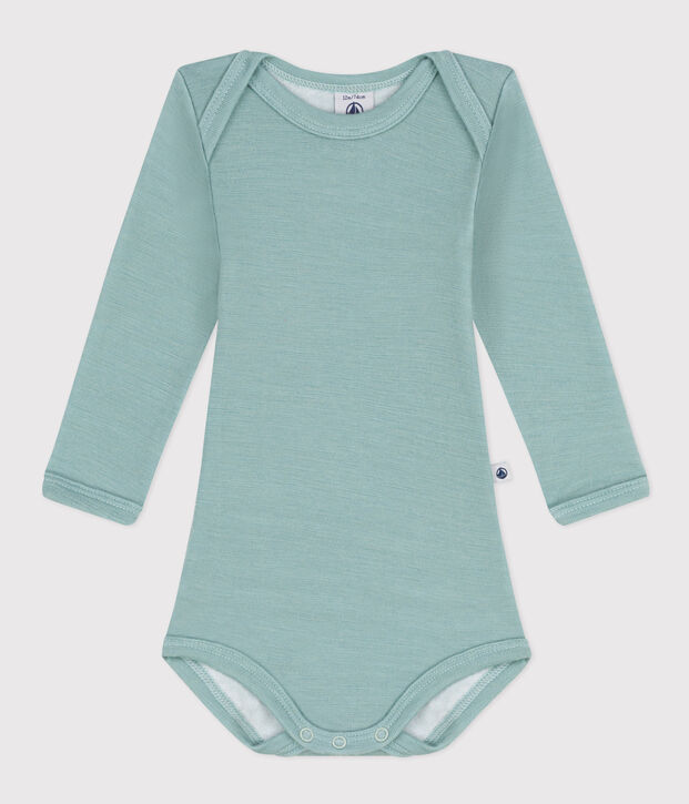 Babies' Stripy Long-Sleeved Cotton/Wool Bodysuit green