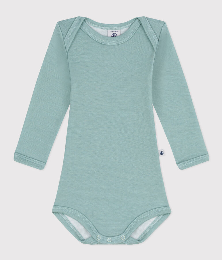 Babies' Stripy Long-Sleeved Cotton/Wool Bodysuit green