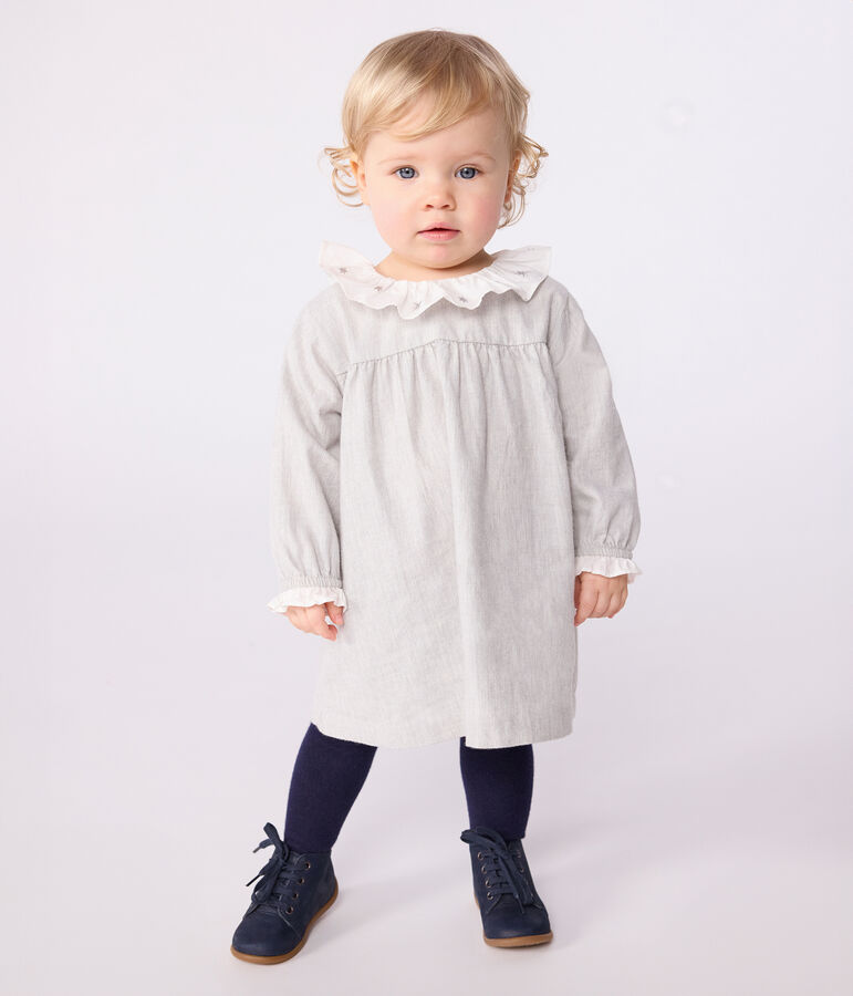 Babies' long-sleeved plain flannel dress with a collar grey