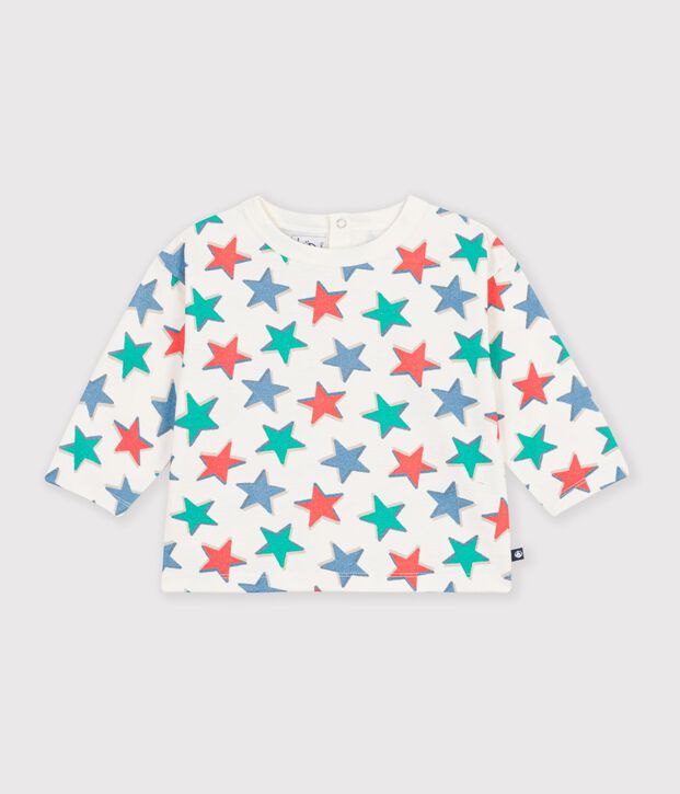 Babies' long-sleeved star-print cotton T-shirt Ecru/multicolor