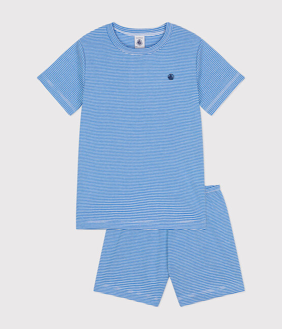 Children's Short Striped Cotton Pyjamas DELPHINIUM /MARSHMALLOW