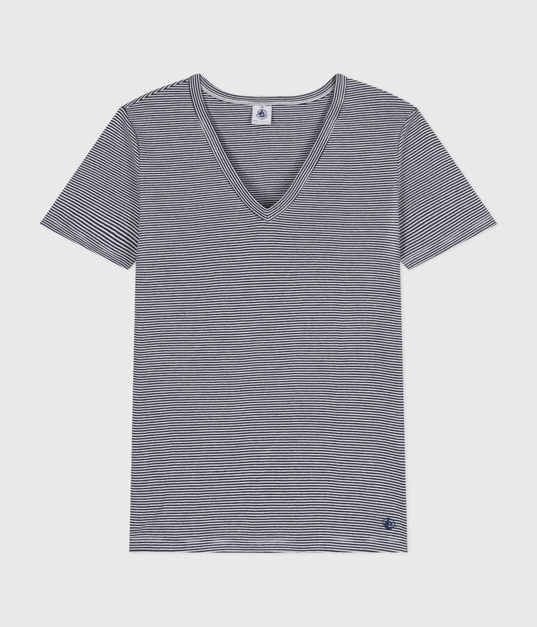 Women's Iconic Striped Cotton V-neck T-Shirt SMOKING blue/MARSHMALLOW white