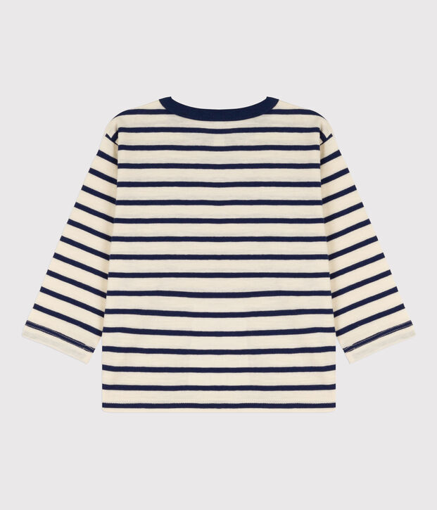 Babies' Long-Sleeved Cotton T-shirt Ecru/blue