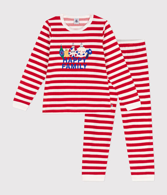 Children's stripy velour pyjamas AURORA red/MARSHMALLOW