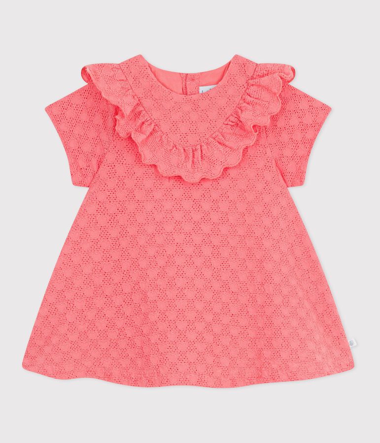 Babies' dress in broderie anglaise with short sleeves and a hearts motif pink