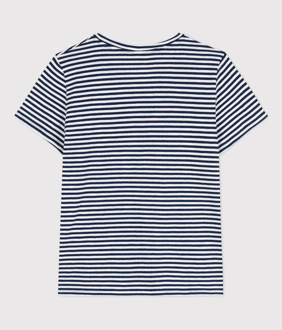 Women's Straight Round-Neck Cotton T-Shirt MEDIEVAL blue/MARSHMALLOW white