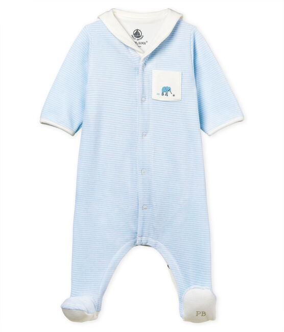 Baby boys' pinstriped velour bodyjama FRAICHEUR blue/ECUME white