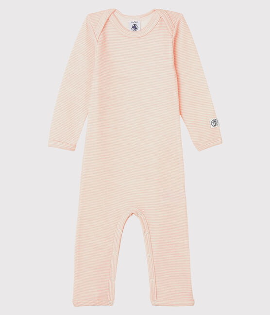 Babies' Striped Long Bodysuit in Cotton/Wool CHARME pink/MARSHMALLOW white
