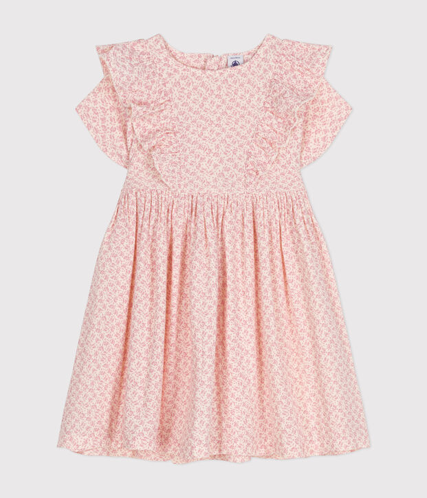 Girl's Short-sleeved Printed Cotton Gauze Dress Ecru/pink