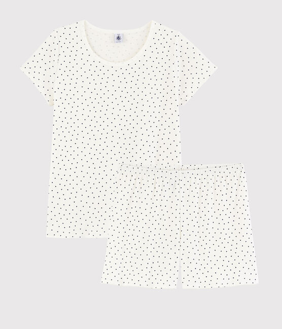 Girls'/Women's Cotton Short Pyjamas with Blue Hearts Pattern MARSHMALLOW white/MEDIEVAL blue