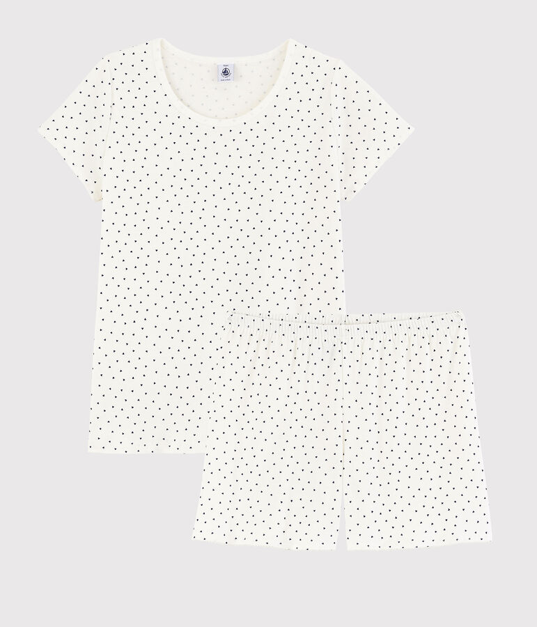 Girls'/Women's Cotton Short Pyjamas with Blue Hearts Pattern white/blue