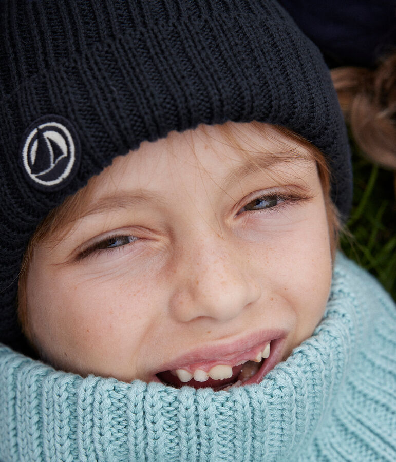 Children's polar fleece-lined knitted beanie hat blue