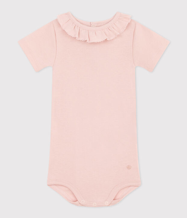 Babies' Short-Sleeved Cotton Bodysuit With Ruffle Collar pink