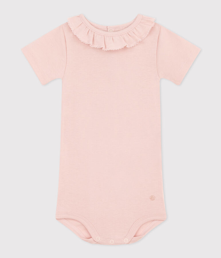 Babies' Short-Sleeved Cotton Bodysuit With Ruffle Collar SALINE pink