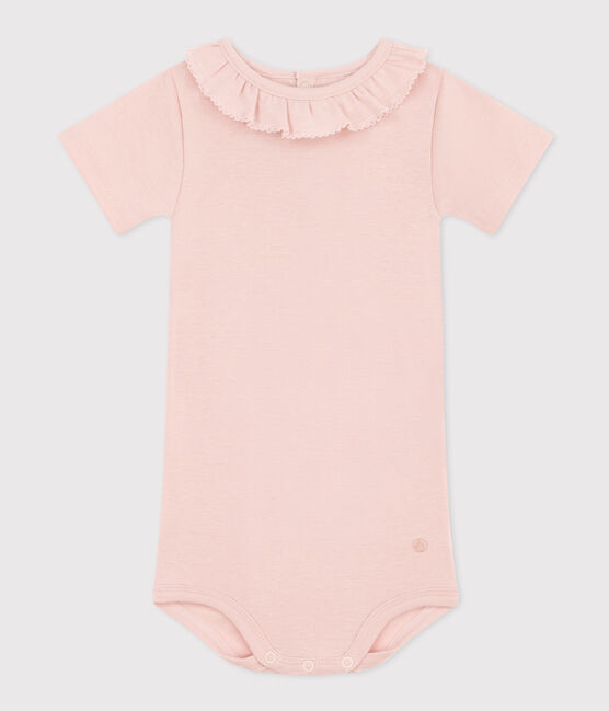 Babies' Short-Sleeved Cotton Bodysuit With Ruffle Collar SALINE pink