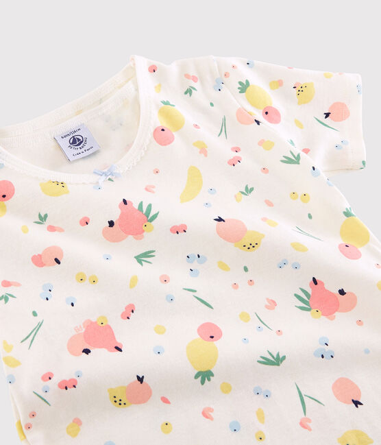 Girls' Snugfit Summer Fruit Pattern Organic Cotton Short Pyjamas MARSHMALLOW white/MULTICO white