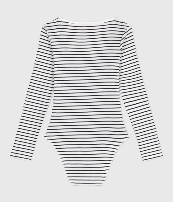 Women's striped cotton and elastane body MARSHMALLOW white/SMOKING blue
