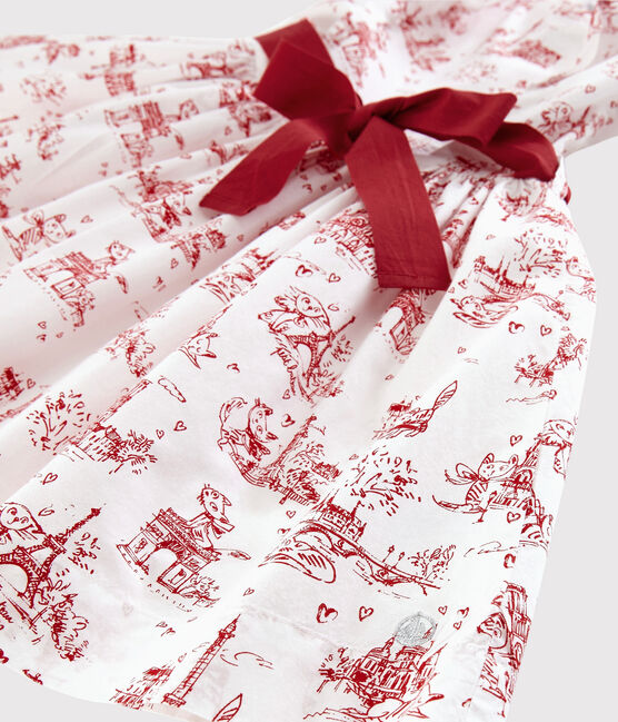 Girls' Short-Sleeved Poplin Dress MARSHMALLOW white/TERKUIT red