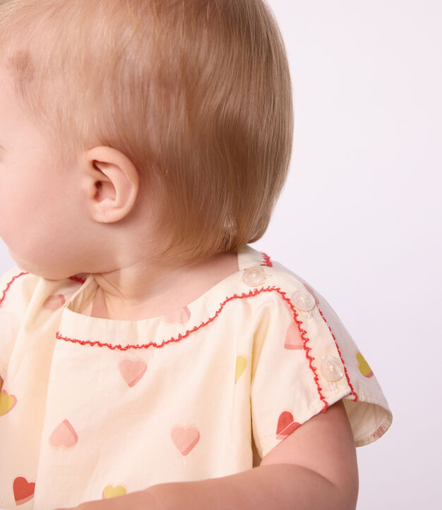 Babies' short-sleeved cotton dress printed with hearts. Ecru/multicolor