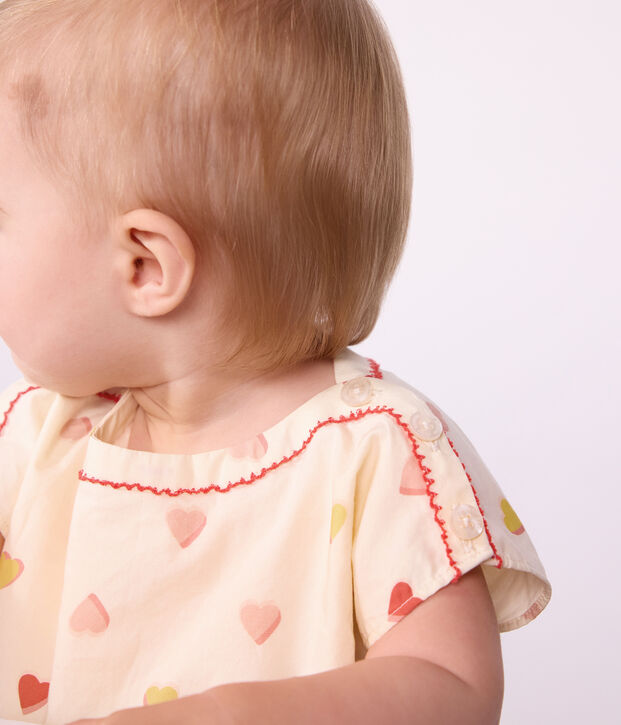 Babies' short-sleeved cotton dress printed with hearts. Ecru/multicolor