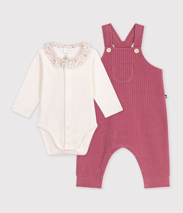 Ensemble salopette et body b&eacute;b&eacute; en coton avec col uni pink/ecru