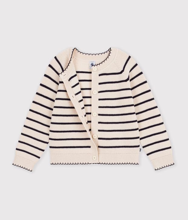 Children's stripy wool and cotton cardigan Ecru/blue