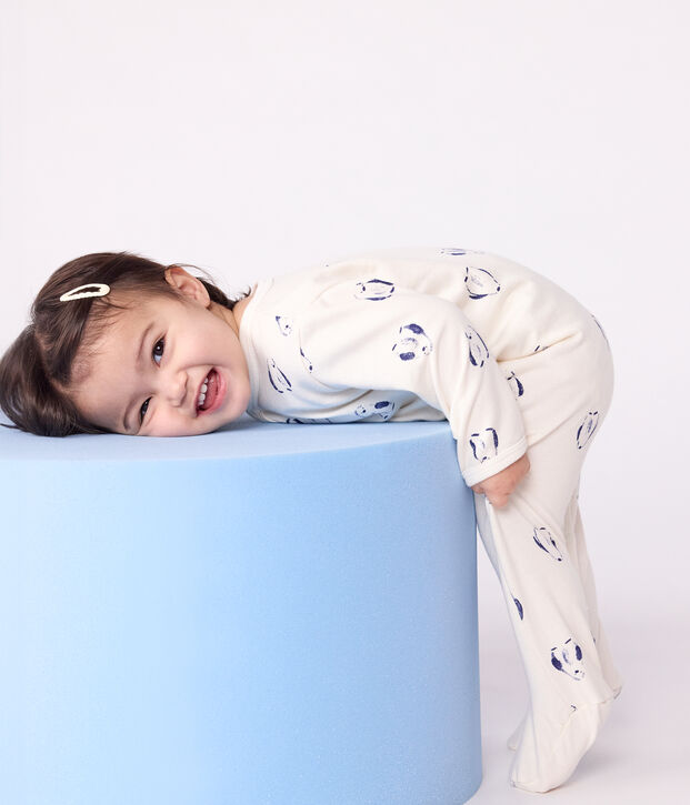 Baby brushed fleece pyjamas with a penguin animal print and petal collar Ecru/multicolor