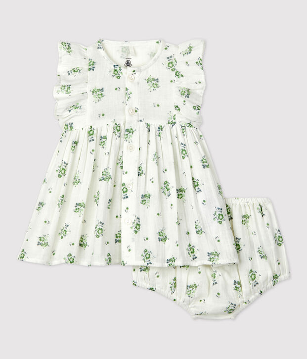 Babies' Organic Cotton Gauze Floral Print Dress With Bloomers white/multicolor