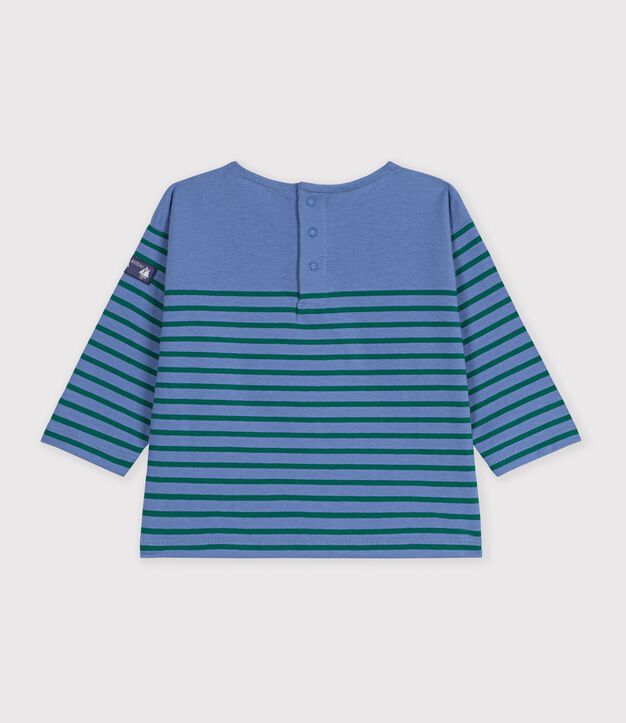 Babies' long-sleeved stripy cotton T-shirt. blue/green