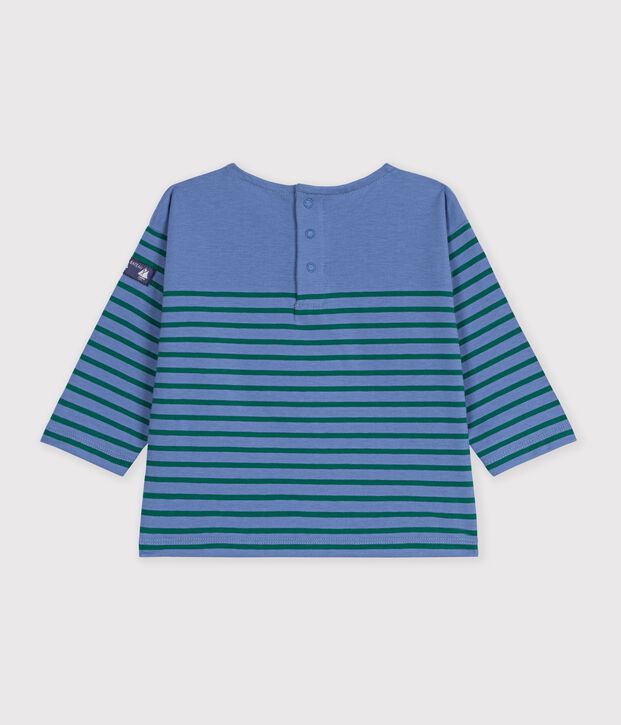 Babies' long-sleeved stripy cotton T-shirt. blue/green