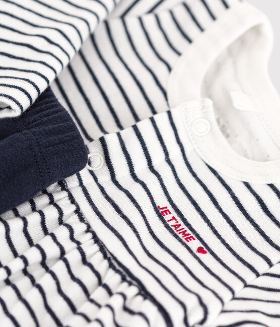 Babies' cotton Breton dress with leggings MARSHMALLOW white/SMOKING blue