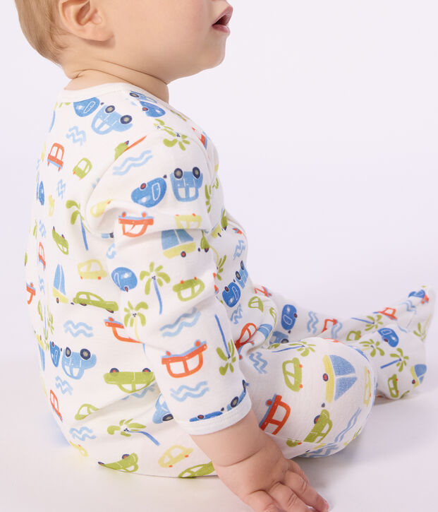 Babies' cotton pyjama suit with a motor car print white/multicolor