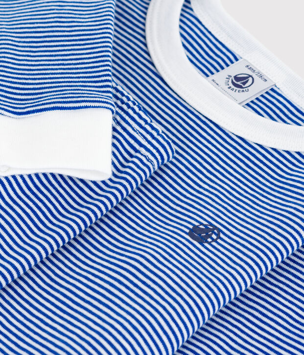 Children's stripy cotton pyjamas with snug-fitting legs blue/white