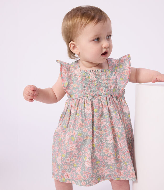 Babies' short-sleeved cotton dress and matching bloomers printed with hearts blue/multicolor