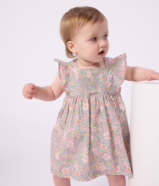 Babies' short-sleeved cotton dress and matching bloomers printed with hearts blue/multicolor