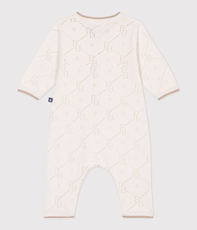 Babies' long openwork knit cotton playsuit Ecru