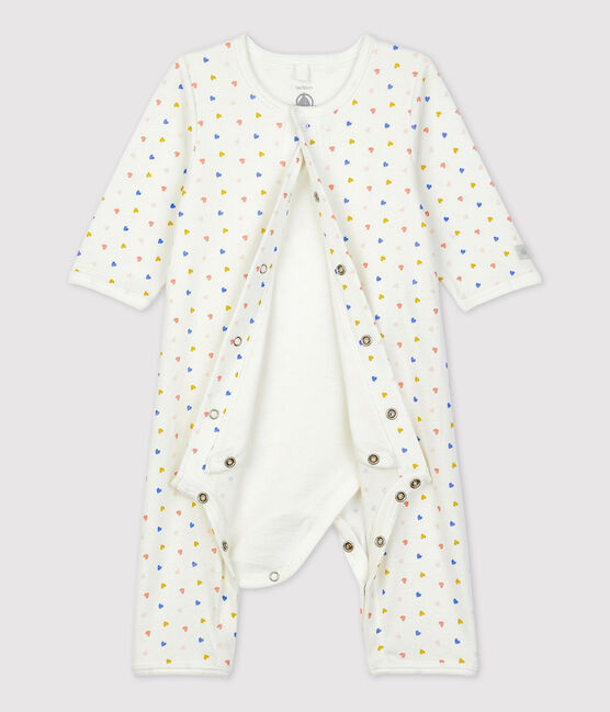 Babies' Footless Organic Cotton Bodyjama MARSHMALLOW white/MULTICO white