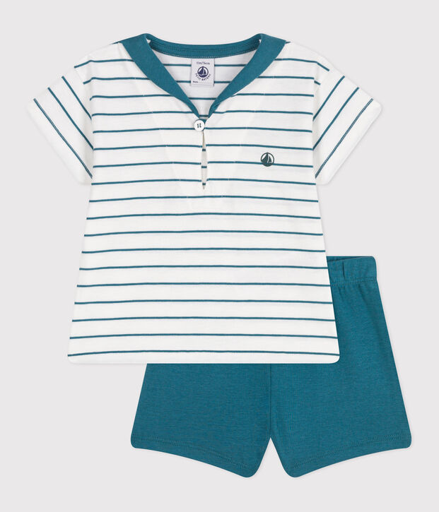Babies' two-piece cotton set with a stripy T-shirt and plain shorts green/green