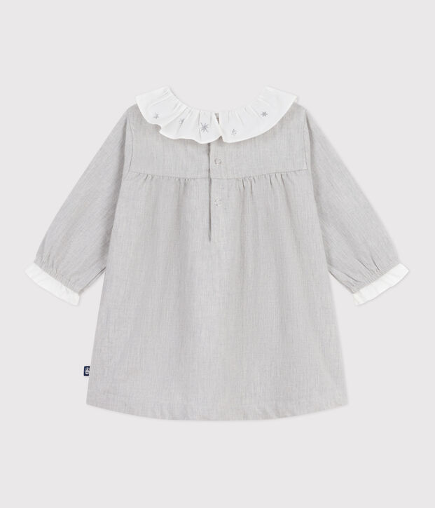 Babies' long-sleeved plain flannel dress with a collar grey