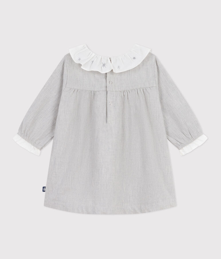 Babies' long-sleeved plain flannel dress with a collar grey