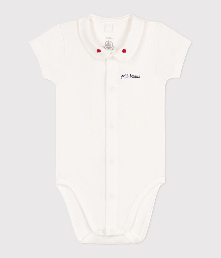 Newborns' short-sleeved cotton body with a collar MARSHMALLOW white