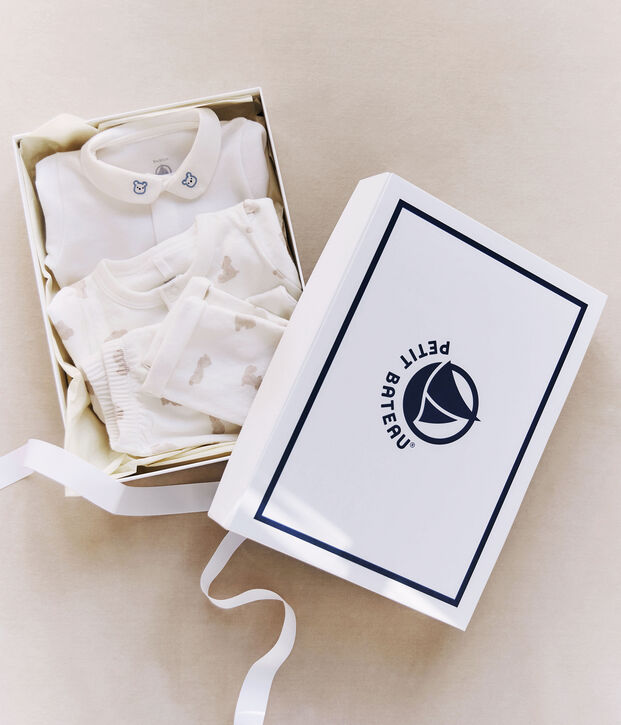 Babies' teddy bear print cotton 3-piece gift set white/BRUN