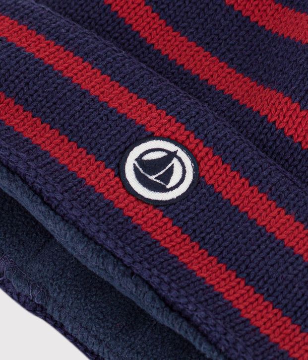 Children's stripy knitted beanie hat lined in polar fleece blue/red
