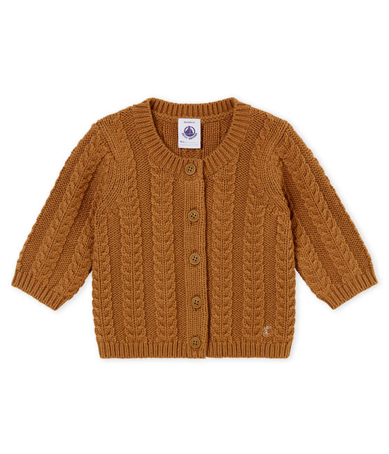 Mixed baby's wool and cotton cable knit cardigan BRINDILLE brown