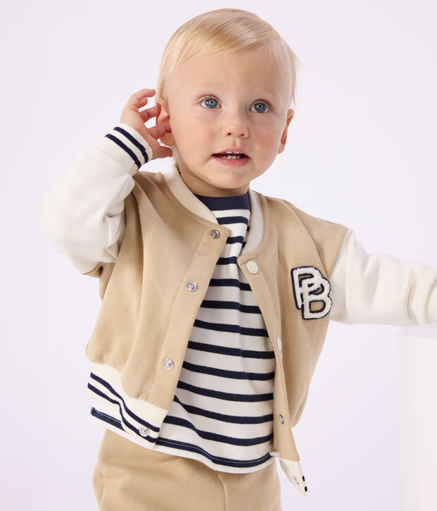 Babies' varsity-style jacket in colourblock cotton with a badge beige/ecru