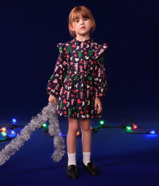 Little girl's long-sleeved flannel dress SMOKING blue/MULTICO white