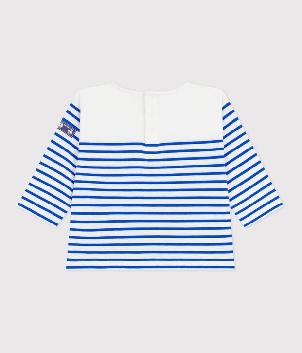 Babies' long sleeved cotton Breton top white/blue