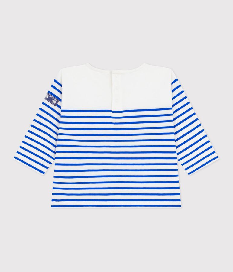 Babies' long sleeved cotton Breton top MARSHMALLOW white/PERSE blue