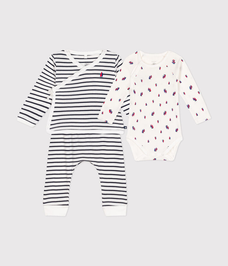 Babies' three-piece cotton outfit MARSHMALLOW white/SMOKING blue